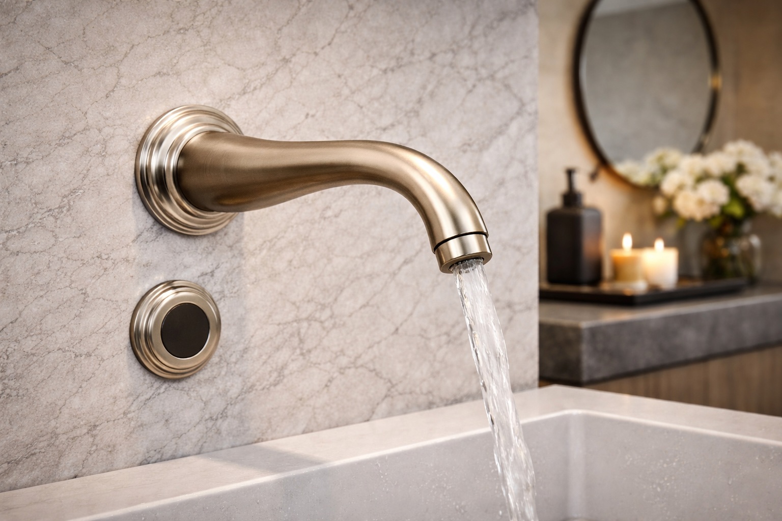 Wall-mounted touchless faucet reference, front view